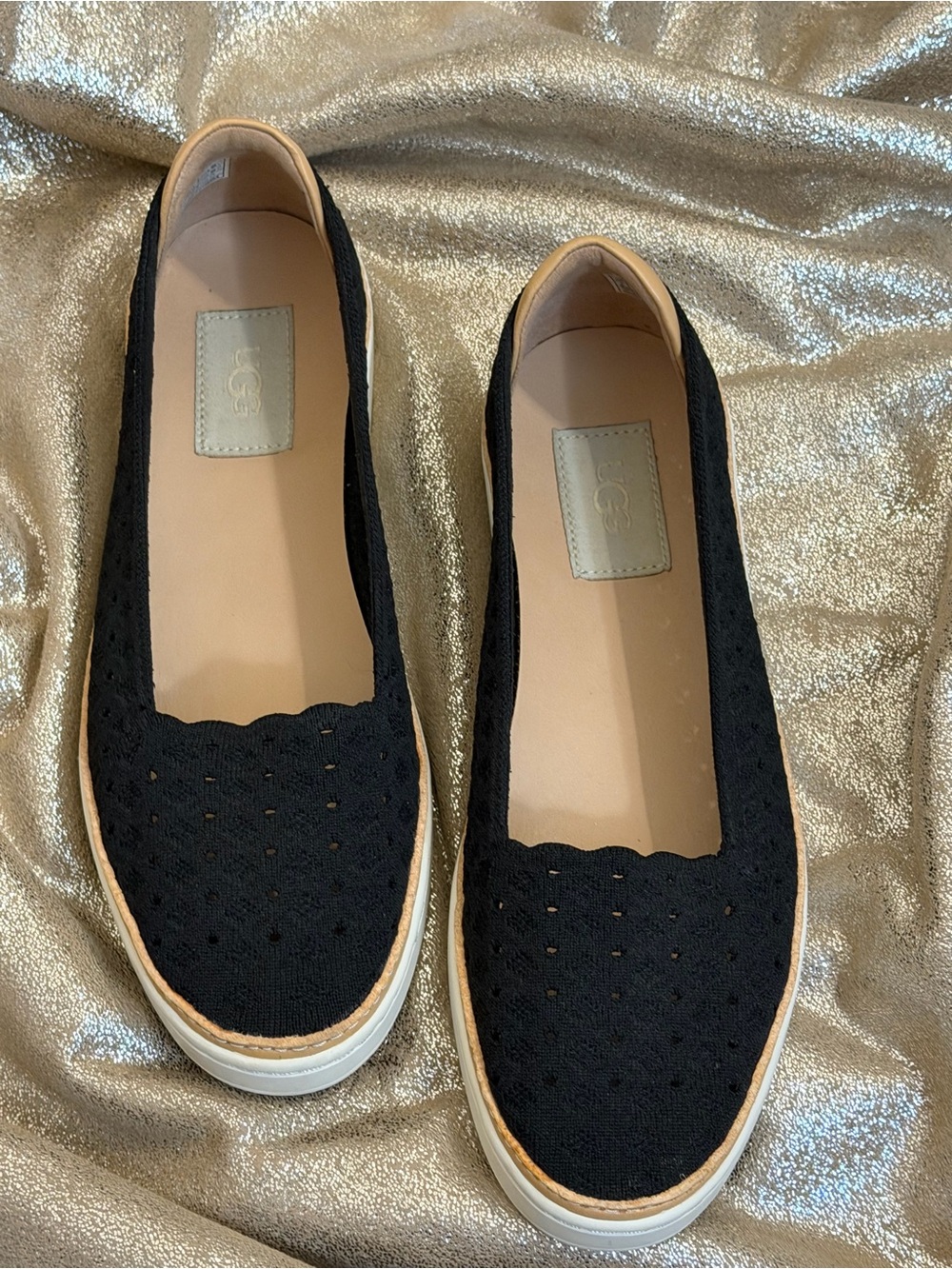 UGG Black Knit Slip-On Flats with Tan Trim